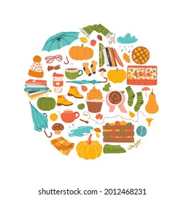 Conjunto vectorial de iconos de otoño en círculo: calabaza, bufanda, sombrero, manta, paraguas, hojas y otros. Elementos de caída dibujados a mano para rayar o pegatinas. Ilustración vectorial.