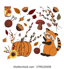 Vector set of autumn icons. Autumn composition. Stickers. Cute red panda. Pumpkin. Harvest. Thanksgiving Day. Illustration isolated on white background.