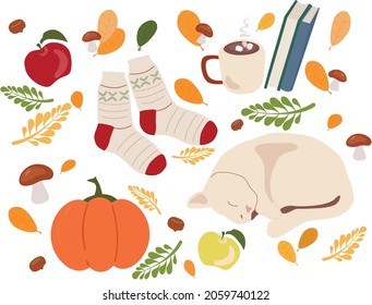 Vector set of autumn icons: cute cat, falling leaves, cup of tea, apples, bright pumpkin. A collection of clippings with elements of the autumn season. Bright background for harvest time.