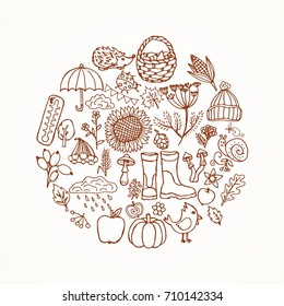 Vector set of autumn icons for design. Sketch Composition in a circle. Fruits, berries, vegetables, a bird, the weather painted by hand.