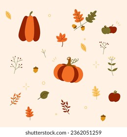 Vector set of autumn icons and fall illustrations: nature, vegetables, pumpkin, gourd, flowers, falling leaves, leaves, holly, maple leaf, oak leaf.