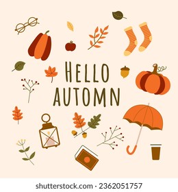 Vector set of autumn icons and fall illustrations: round glasses, candle, lantern, lantern, pumpkins, pumpkin, falling leaves, acorns, fallen leaves, hot chocolate, apple, umbrella and book.