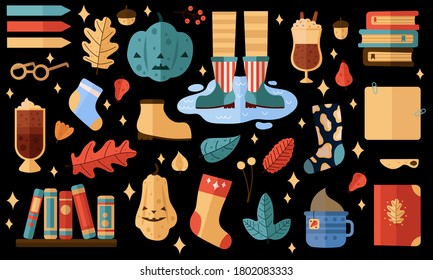 Conjunto de vectores de iconos de otoño: hojas en caída, bebida caliente, libro, medias, botas de goma, libros. Colección Scrapbook de elementos de la temporada de otoño. Tarjeta de saludo de otoño. 
Conjunto de objetos de otoño dibujados a mano adorables