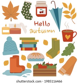 Vector set of autumn icons: falling leaves, apple, candles, book and coffe. Scrapbook collection of fall season elements. Autumn vibes. Autumn season icons collection. 