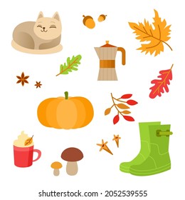 Conjunto de vectores de iconos de otoño: hojas caídas, setas del bosque, cafetera, canela, especias, botas de goma, gatito gris. Colección de elementos de scrapbook de la temporada de otoño. Juego de postales de otoño.