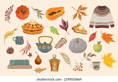 Vector set of autumn icons: falling leaves, cozy food, lantern, pumpkins, sweater. Fall season elements perfect for scrapbook, card, poster, invitation, sticker kit. Vector realistic illustration.