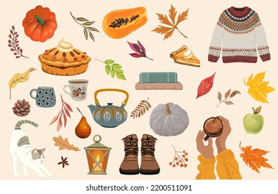 Vector set of autumn icons: falling leaves, cozy food, lantern, pumpkins, sweater. Fall season elements perfect for scrapbook, card, poster, invitation, sticker kit. Vector realistic illustration.