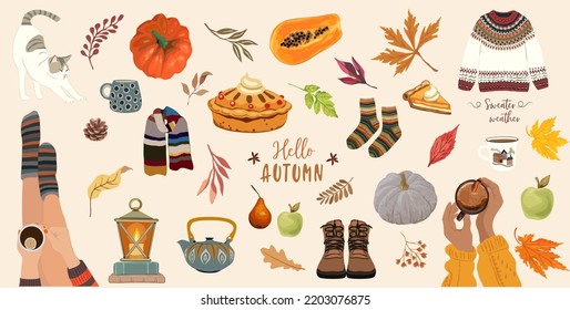Vector set of autumn icons: falling leaves, cozy food, lantern, pumpkins, sweater. Fall season elements perfect for scrapbook, card, poster, invitation, sticker kit. Vector realistic illustration.