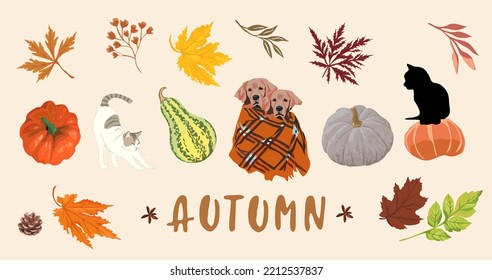 Conjunto de vectores de iconos de otoño: hojas caídas, perros y gatos lindos, calabazas. Elementos de temporada de otoño perfectos para scrapbook, tarjeta, afiche, invitación, kit de emoticones. Ilustraciones vectoriales realistas aisladas.