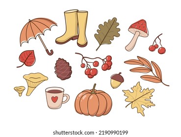 Conjunto de vectores de iconos de otoño: hojas caídas dibujadas a mano, taza, champiñones, fresa de ceniza, bellota, paraguas, botas de goma. Colección de doodle de elementos de la temporada de otoño. Ilustración de dibujos animados planos