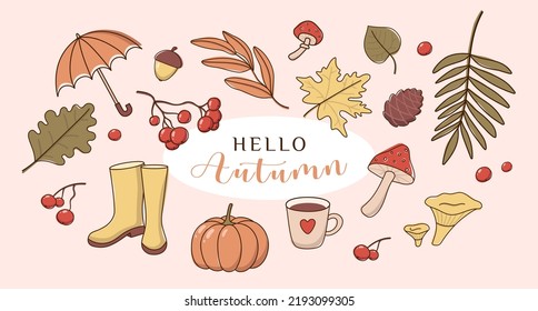 Vector Set Of Autumn Icons: Hand Drawn Fallen Leaves, Cup, Mushrooms, Ash Berry, Acorn, Umbrella, Rubber Boots. Doodle Collection Of Fall Season Elements. Flat Cartoon Illustration