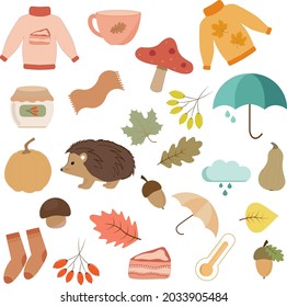 Vector set of autumn icons: hedgehog, autumn leaves, acorns, mushrooms, thermometer, umbrella, pumpkin, jam, piece of cake, cup, rosehip, sweater, scarf, socks 