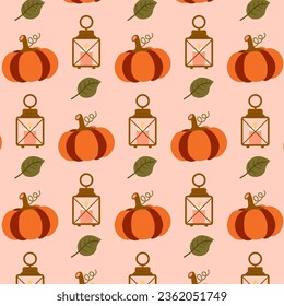 Conjunto vectorial de iconos e ilustraciones de otoño: hojas en caída, linterna, vela y calabaza de halloween. Patrón de elementos de la temporada de otoño.