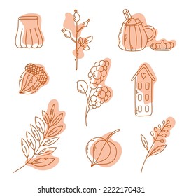 Vector set of autumn icons: leaf, cute jar, physalis, acorn, house, branch with berries, rose hip, snowberry, cup. Collection of fall season outline elements.