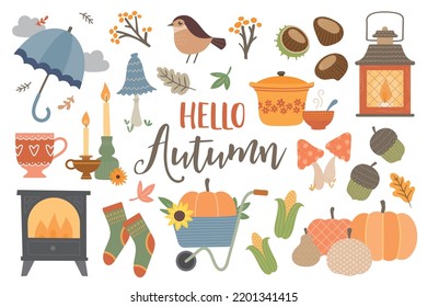 Vector set autumn icons: log burner, leaves, cozy, candles, lantern, acorns, conkers. Scrapbook collection of fall season elements. Background for harvest time. Autumn greeting card