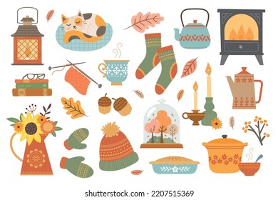 Vector set autumn icons: log burner, leaves, cozy, candles, lantern, acorns, conkers. Scrapbook collection of fall season elements. Background for harvest time. Autumn greeting card