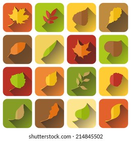Vector set of autumn icons with long shadow. Square icons isolated on white background