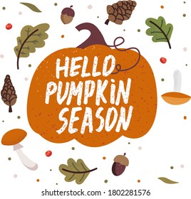 Vector set of autumn icons with pumpkin, acorns, cones, falling leaves, mushrooms and lettering. Scrapbook collection of fall season elements. Autumn greeting card