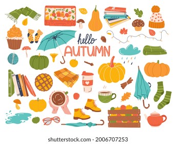 Vector set of autumn icons: pumpkin, scarf, hat, blanket, umbrella, leaves and others. "Hello Autumn" lettering. Hand drawn fall elements for scrapbooking or stickers. Vector illustration.