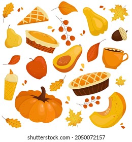 Vector set of autumn icons: pumpkin, pie, leaves. Vector illustration.