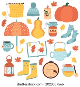 Vector set of autumn icons pumpkins falling leaves jam honey candle herbarium cup and teapot. Isolated onn white background.