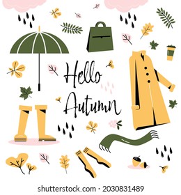 Vector set of autumn icons- raincoat, falling leaves, scarf, socks, rubber boots, coffee, rain and bag. Collection of fall season elements. Bright background for harvest time. Autumn greeting card.