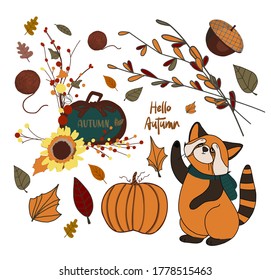 Vector set of autumn icons: red panda, falling leaves, cozy food, nuts, mushrooms and pumpkin. Scrapbook collection of autumn season elements. Bright set for harvesting. Autumn stickers.