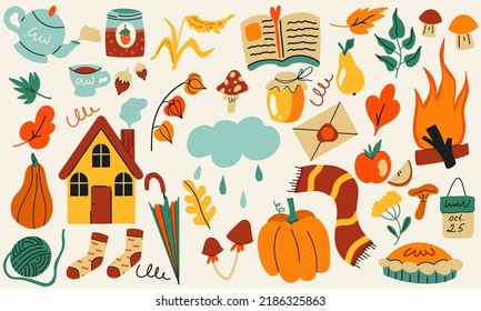 Vector set of autumn icons: scarf, leaves, cozy food, house, book, cloud, umbrella, ball, mushrooms, plants, pumpkins, calendar, and more. Bright background for harvesting, autumn postcard.