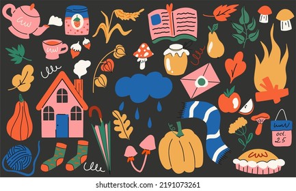 Vector set of autumn icons: scarf, leaves, cozy food, house, book, cloud, umbrella, ball, mushrooms, plants, pumpkins, calendar, and more. Bright background for harvesting, autumn postcard.