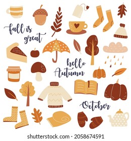 Vector set of autumn icons. Scrapbook collection of fall season elements. Design for Autumn greeting card