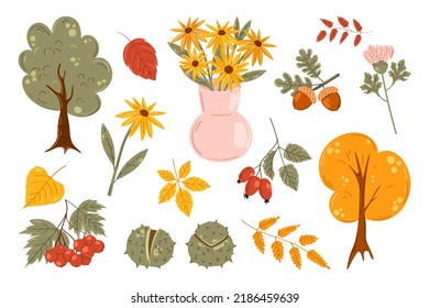 Vector set of autumn icons. Scrapbook collection of fall season elements. Bright background for harvest time. Autumn greeting card