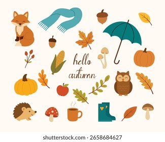 Vector set of autumn icons. Scrapbook collection of fall season elements. Bright background for harvest time. Autumn greeting card