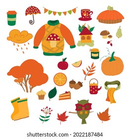 Vector set of autumn icons: sweater, falling leaves, cozy food, candles, book and cute hendgehog. Scrapbook collection of fall season elements. Bright background for harvest time.