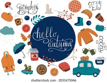 Vector set of autumn icons: sweater, falling leaves, cozy food, candles, pumpkins, car and text. Autumn greeting card. Scrapbook collection of fall season illustrations. Cozy autumn atmosphere 