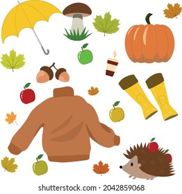 Vector set of autumn icons: sweater, falling leaves, coffee, candles, and a cute hedgehog. Collection of autumn season elements.
