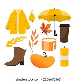 Vector set of autumn icons: sweater, falling leaves, candles, book, umbrella. Collection of fall season elements. isolated on white background. Autumn cozy concept.