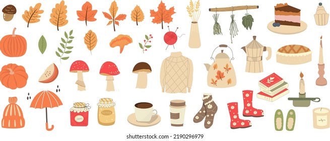 Vector set of autumn icons: sweater, leaves, cozy food, candles, a book and a cute kettle. A collection of elements with elements of the autumn season.