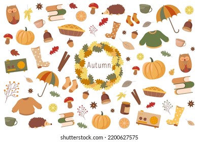 Conjunto de vectores de iconos de otoño: suéter, hojas caídas, comida acogedora, velas, libro y lindo hendgehog. vector