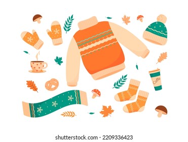 Vector set of autumn icons: sweater, falling leaves, cozy food, coffee, tea, mittens, scarf, galoshes. Collection of scrapbook elements of autumn season. Autumn postcard