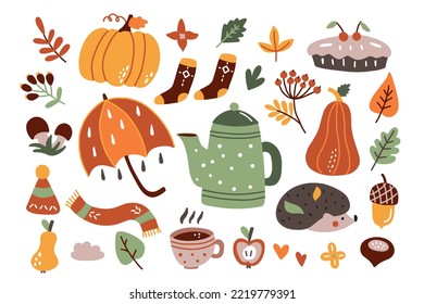 Vector set of autumn icons: sweater, falling leaves, cozy food on a white background. Scrapbook collection with autumn season elements. Autumn postcard