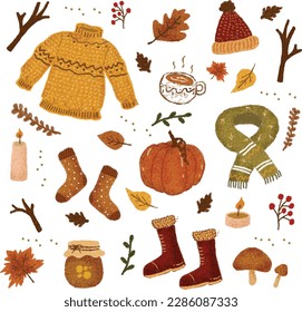 Vector Set of Autumn Icons : Sweater, Falling Leaves, Boots, Hat, Mushroom, Honey, Candles, Coffee