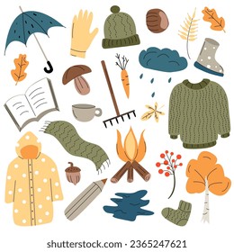 Conjunto vectorial de íconos de otoño, suéter, hojas caídas, comida acogedora, velas, libro. Colección Scrapbook de elementos de la temporada de otoño. Fondo claro para la cosecha. Tarjeta de saludo de otoño