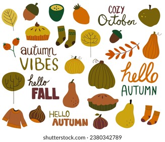 Vector set of autumn icons: sweater, pumpkins, autumn leaves, comfort food, pie, cozy illustrations. Collection of fall season elements. Autumn greeting card. Autumn greeting.