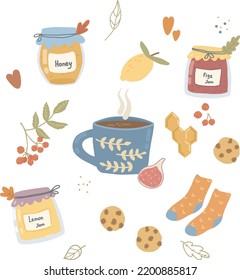 Vector set of autumn icons: tea, leaves, jam, honey, knitted socks. Autumn cozy postcard. Illustrations for stickers, notebooks, posters, postcards.

