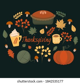 Vector set of autumn icons: Thanksgiving Day, red, yellow, green leaves, cozy food, rowan, tea cup, coffee cup, sea buckthorn, pumpkin. Thanksgiving day on a black background. Festive autumn card.