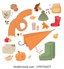 Conjunto de vectores de iconos de otoño: paraguas, hojas caídas, comida acogedora, velas. Colección Scrapbook de elementos de la temporada de otoño. tiempo de cosecha. Tarjeta de saludo de otoño