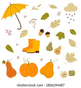 Vector set of autumn icons: umbrella, falling leaves, boots, pumpkins, acorns and mountain ash. Collection of scrapbook elements of autumn season. Bright background for harvesting. Autumn postcard.