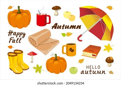 Vector set of autumn icons: umbrella, rubber boots,  leaves, cozy plaid, pumpkin, apple, mushroom, book, coffee,  cocoa with marshmallows, lettering. Collection of scrapbook elements of the autumn