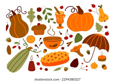 Vector Set of Autumn Icons.Print for Textile.Web Design. Cupcake, Cake, Pie, Falling Leaves, Cozy Food, Candles, Cute. Scrapbook Collection with Autumn Season Elements. Bright .EPS 10.