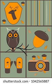 Vector set of autumn illustrations. Vector design of tile, carpet, tablecloth fabric, cushion, pillow, bags, cover.  All elements are located on separate layers.
